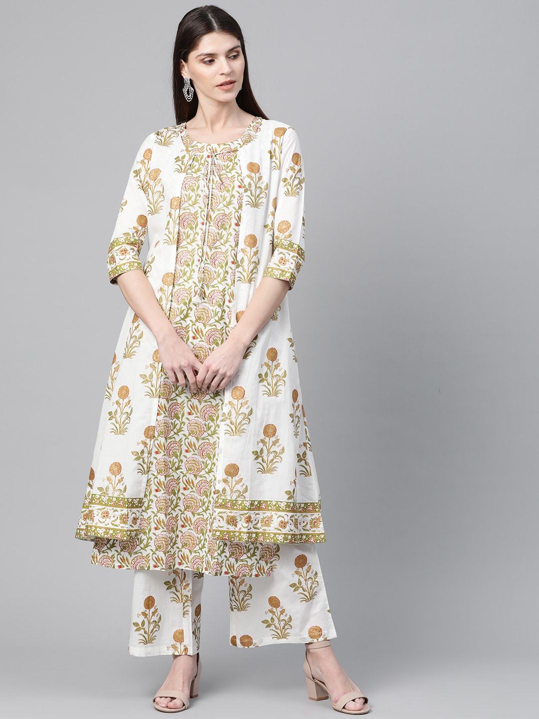 Women's  White & Olive Green Foil Printed Kurta with Palazzos & Ethnic Jacket