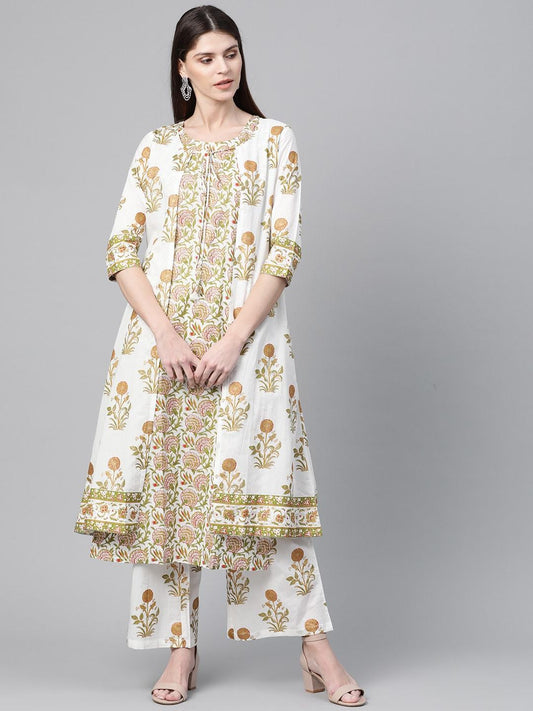 Women's  White & Olive Green Foil Printed Kurta with Palazzos & Ethnic Jacket