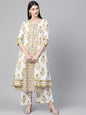 Women's  White & Olive Green Foil Printed Kurta with Palazzos & Ethnic Jacket