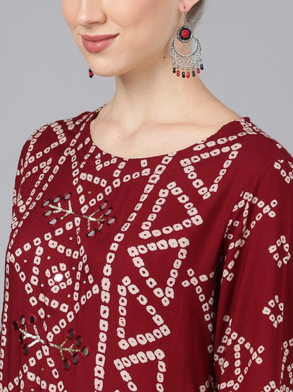 Women's  Maroon Printed Kurta with Skirt