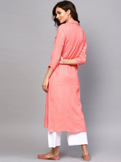 Women's  Peach-Coloured Woven Design Pathani Kurta