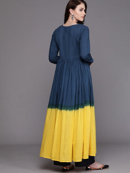 Women's  Navy Blue & Yellow Dyed Anarkali Kurta