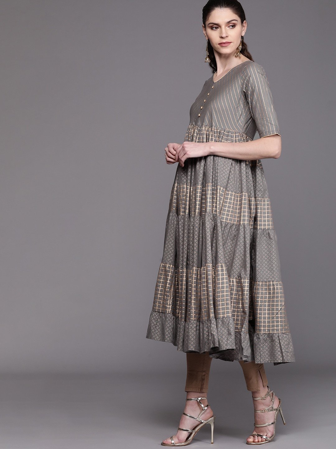 Women's  Grey & Golden Printed Tiered Anarkali Kurta