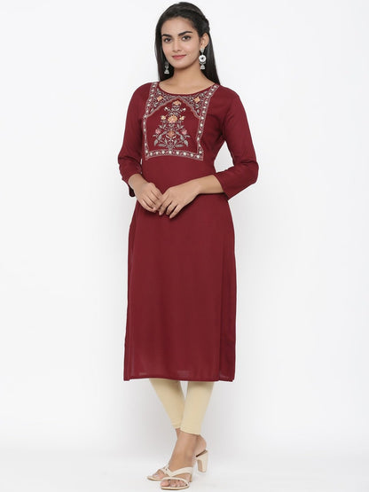 Women's Maroon Embroidered Kurta
