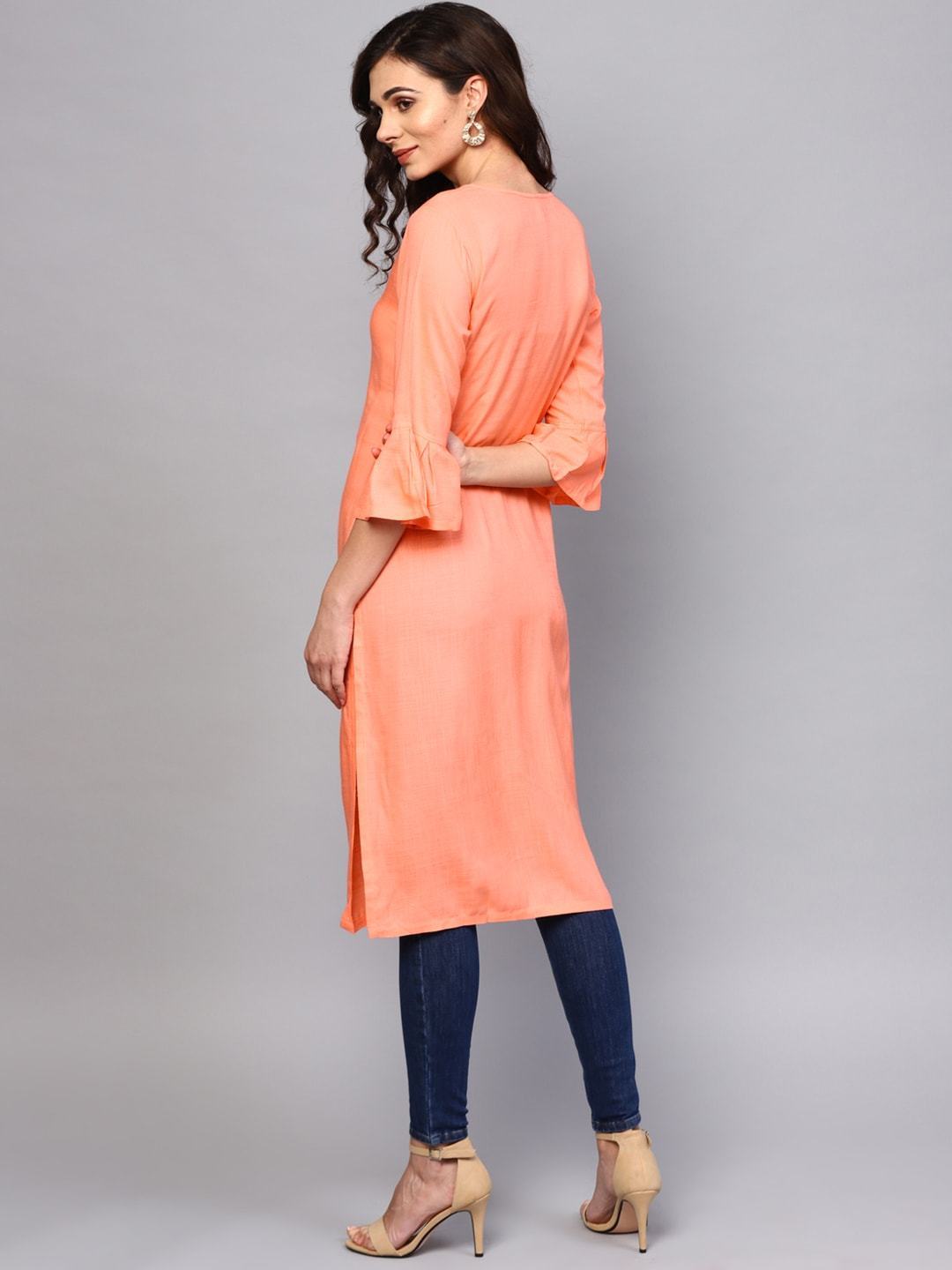 Women's  Coral Pink Solid Straight Kurta