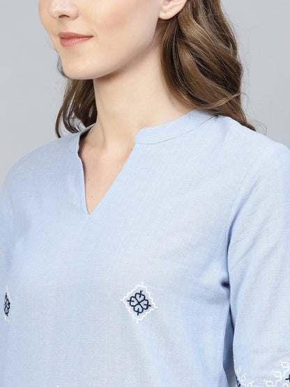 Women's  Blue & White Embroidered Kurta with Palazzos