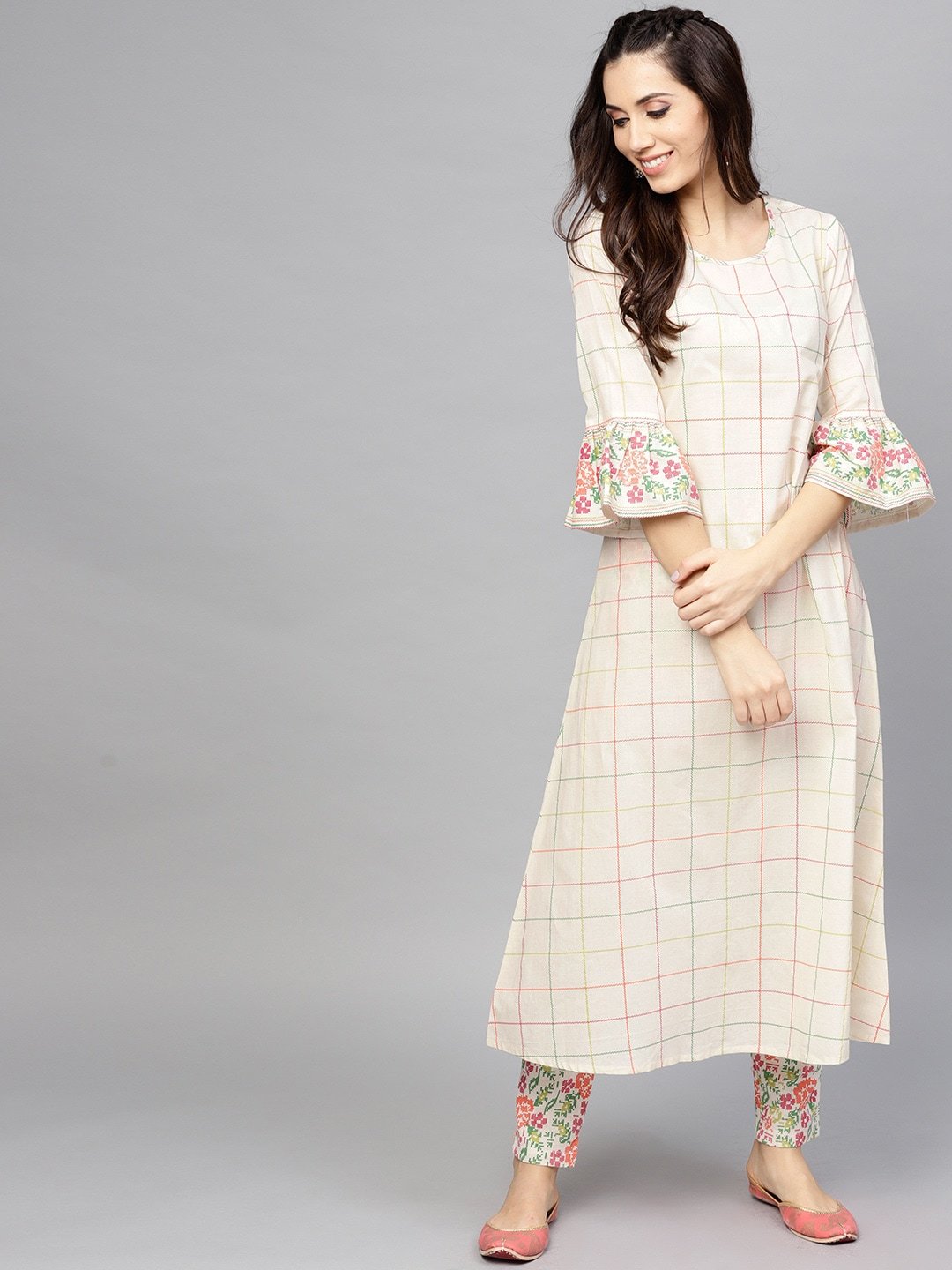 Women's  Off-White Checked A-Line Kurta