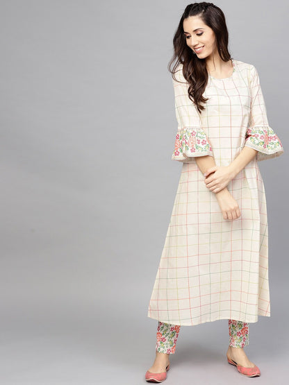 Women's  Off-White Checked A-Line Kurta