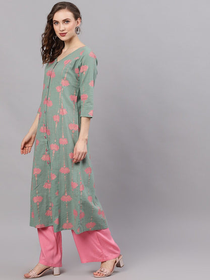 Women's  Green & Pink Printed A-Line Kurta