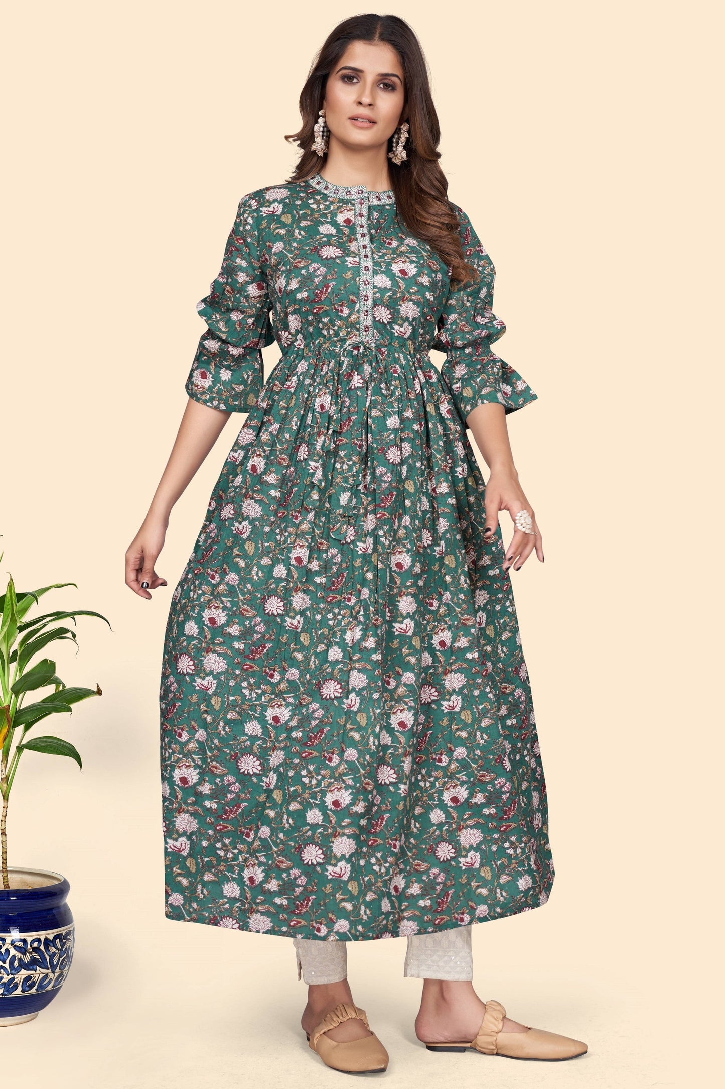 Women's Floral Print A-Line Cotton Aqua Stitched Kurta