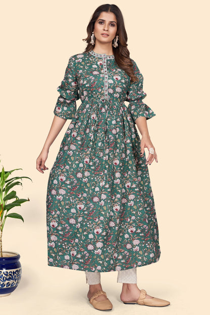 Women's Floral Print A-Line Cotton Aqua Stitched Kurta