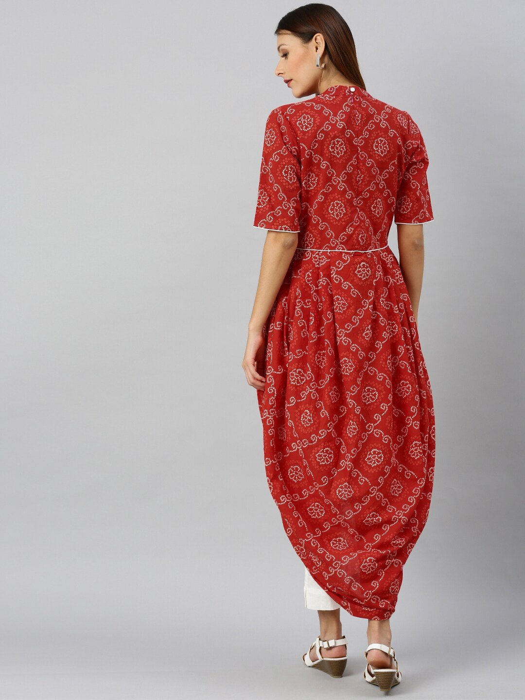 Women's  Red & White Embellished A-Line Kurta