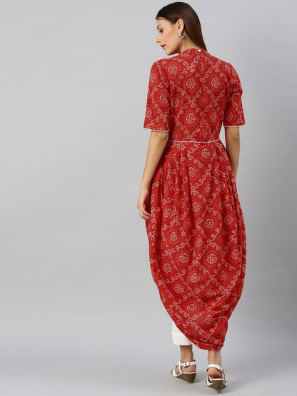Women's  Red & White Embellished A-Line Kurta