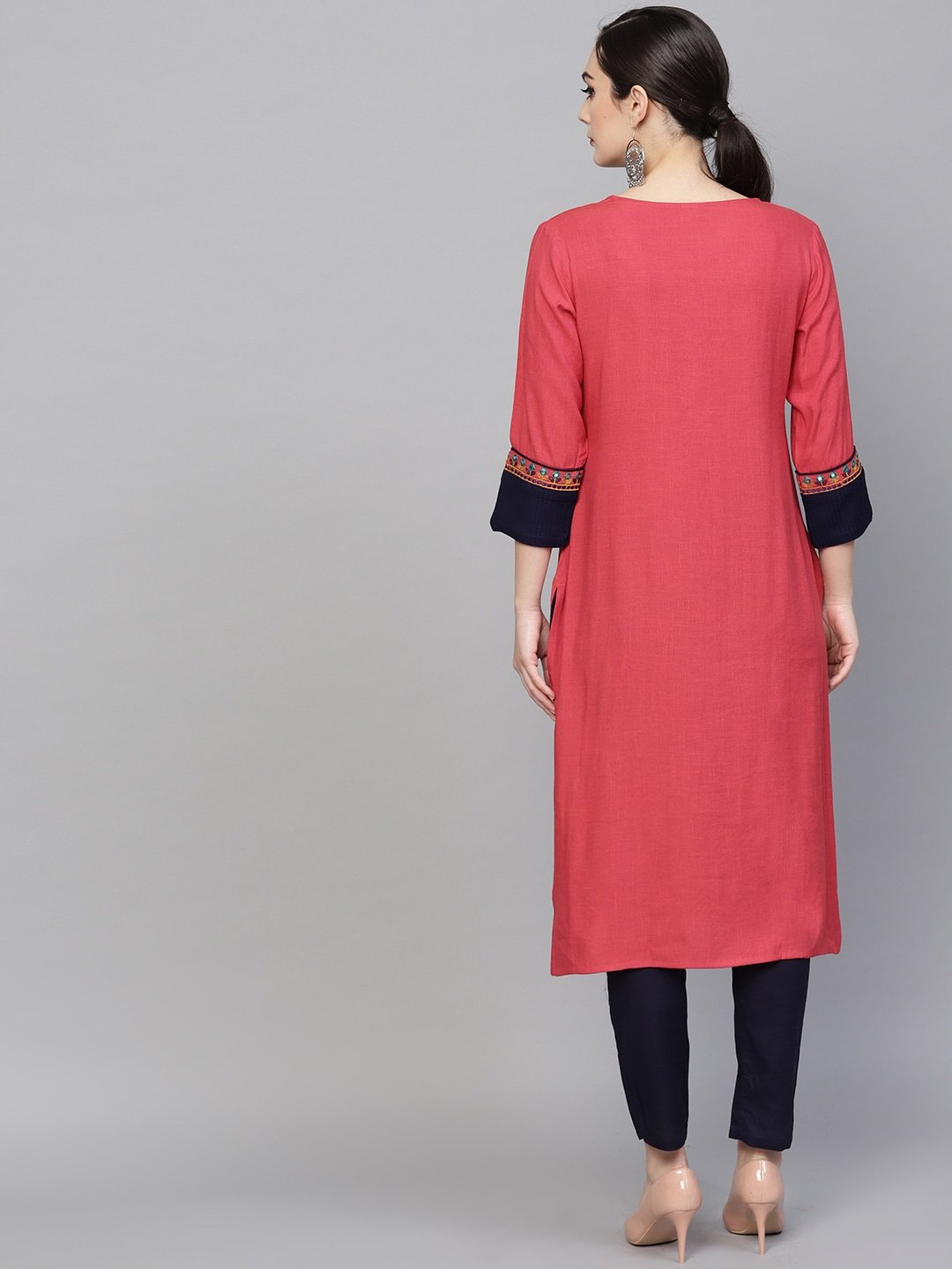 Women's  Pink Embroidered Straight Kurta