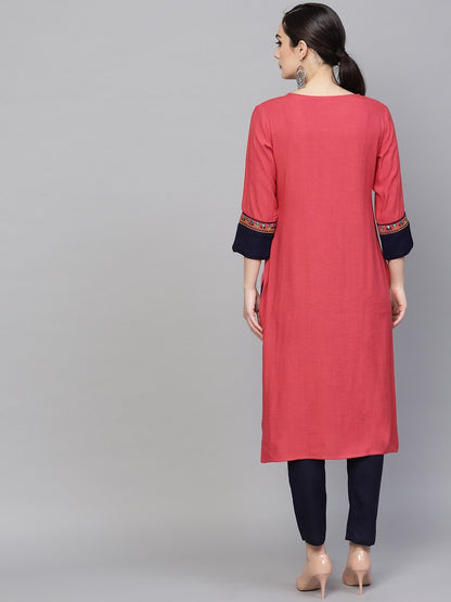 Women's  Pink Embroidered Straight Kurta