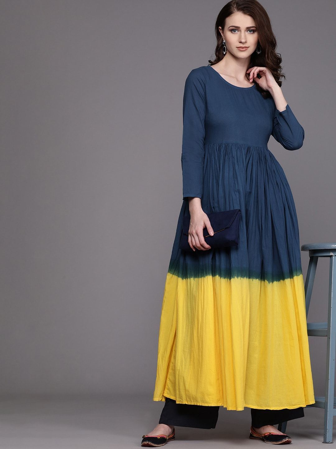 Women's  Navy Blue & Yellow Dyed Anarkali Kurta