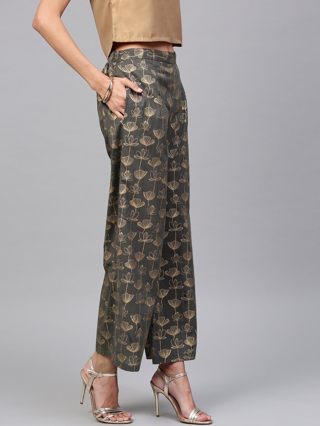 Women's  Grey & Golden Printed Straight Palazzos