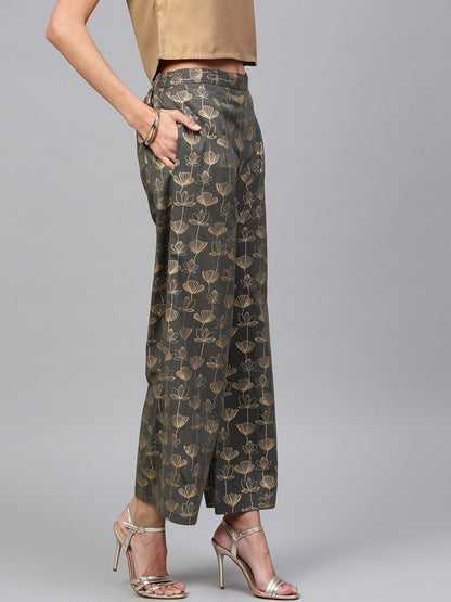 Women's  Grey & Golden Printed Straight Palazzos