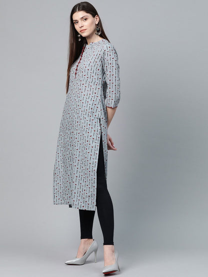 Women's  Grey & Maroon Printed Straight Kurta