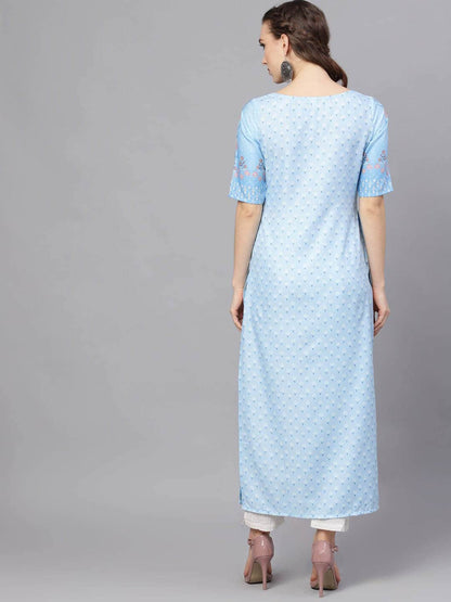 Women's  Blue & White Printed A-Line Kurta