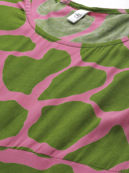 Women's  Green And Pink Printed Maxi Dress