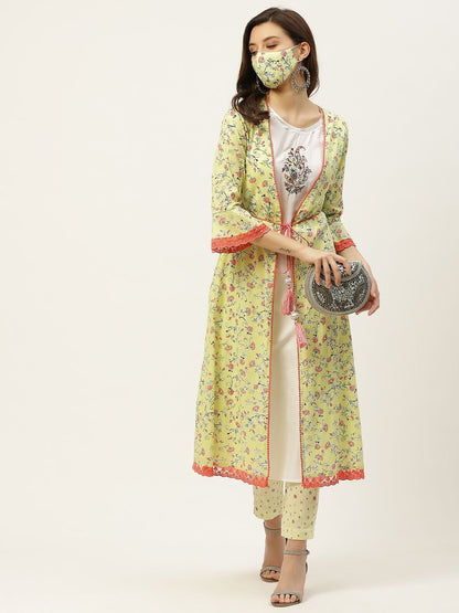 Women's Kurta with Floral Print Jacket and Mask