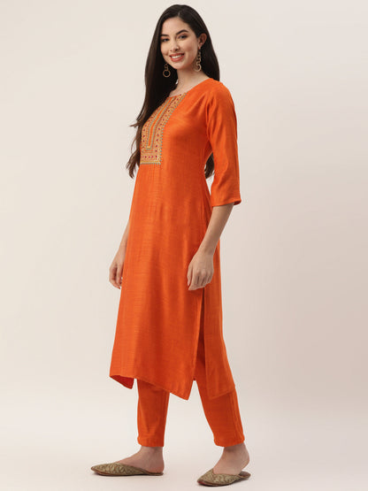 Women's Orange Color Rayon blend Embroidered Straight Kurta Pant With Dupatta