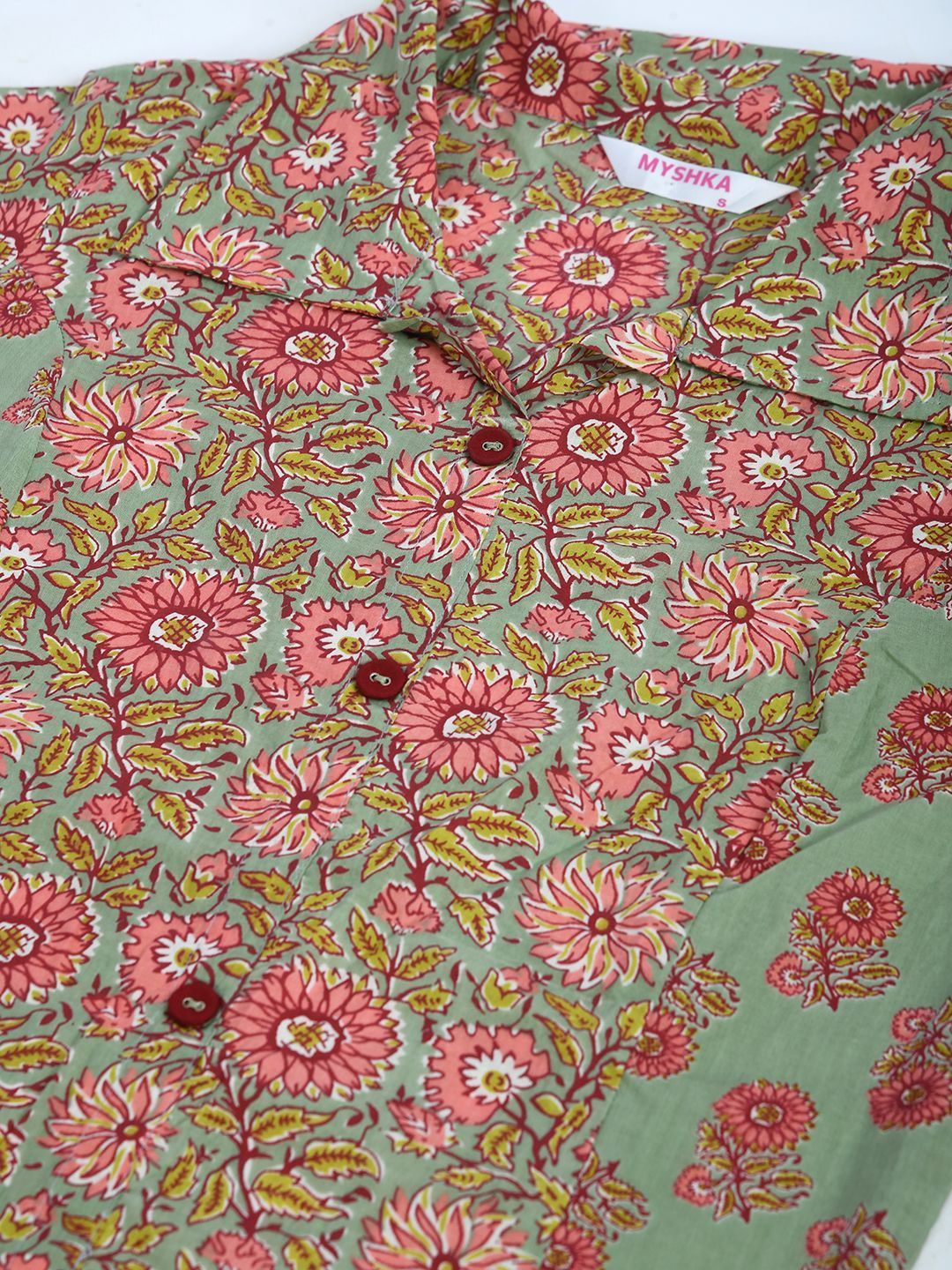 Women's Multi Cotton Printed 3/4 Sleeve Shirt Coller Casual Kurta Pant Set