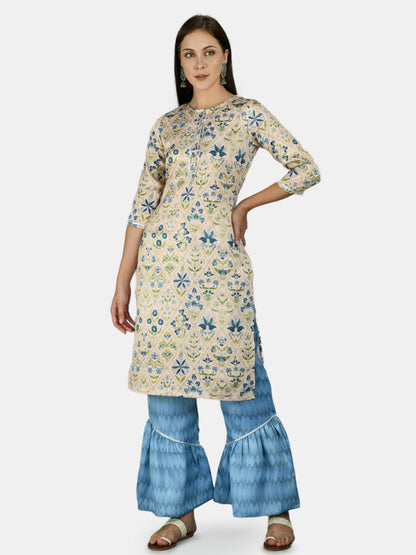 Women's Multi Silk Printed 3/4 Sleeve Round Neck Casual Kurta Palazzo Dupatta Set