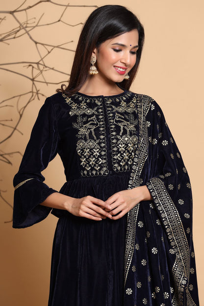 Women Navy blue Velvet Lehenga Choli Dupatta Set by Juniper