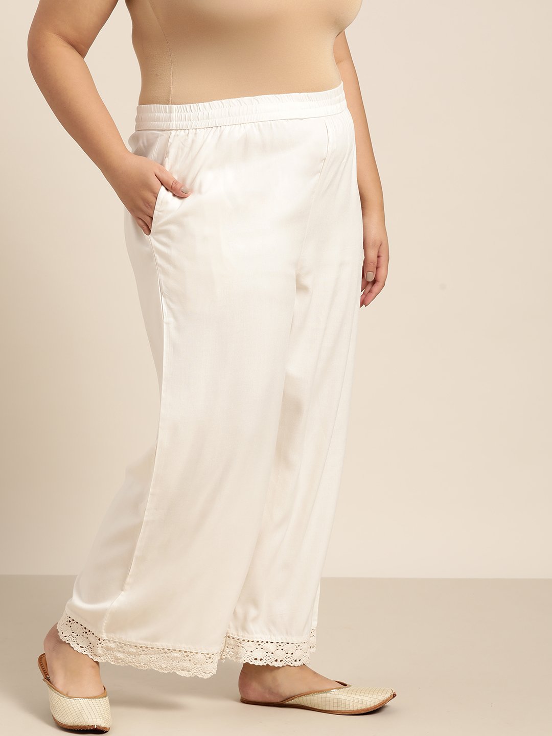 Women's Ivory Rayon Solid Wide-Leg Palazzo