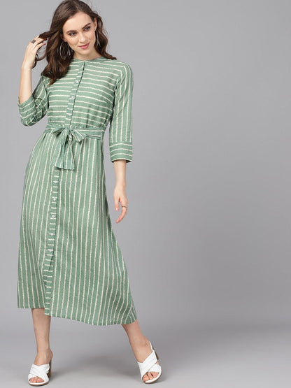 Women's  Green & Beige Striped A-Line Dress