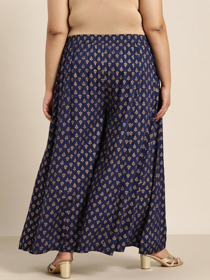 Women's Navy Rayon Printed Flared Palazzo