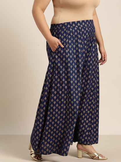Women's Navy Rayon Printed Flared Palazzo