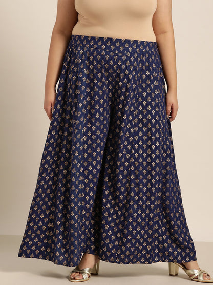 Women's Navy Rayon Printed Flared Palazzo