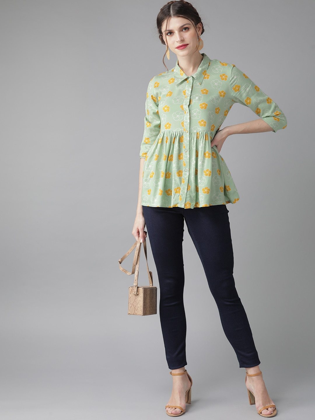 Women's  Green & Mustard Yellow Floral Printed Tunic