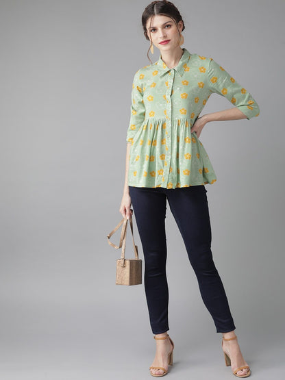 Women's  Green & Mustard Yellow Floral Printed Tunic
