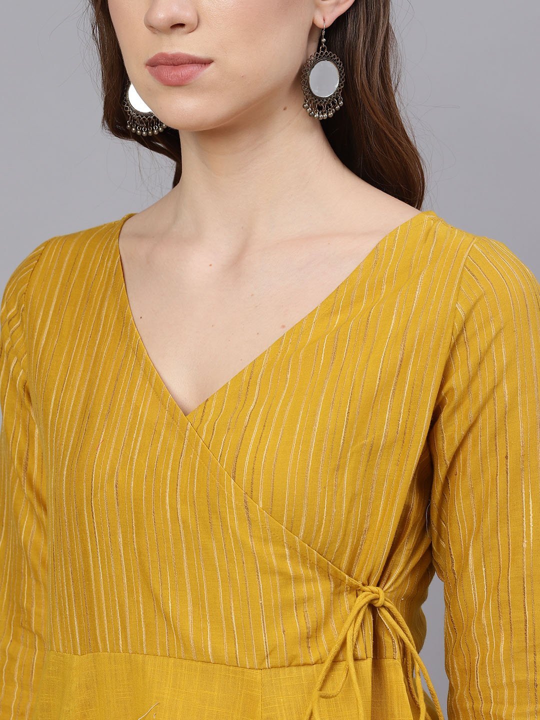 Women's  Mustard Yellow Striped Anarkali Kurta