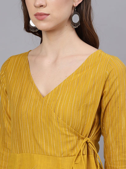 Women's  Mustard Yellow Striped Anarkali Kurta