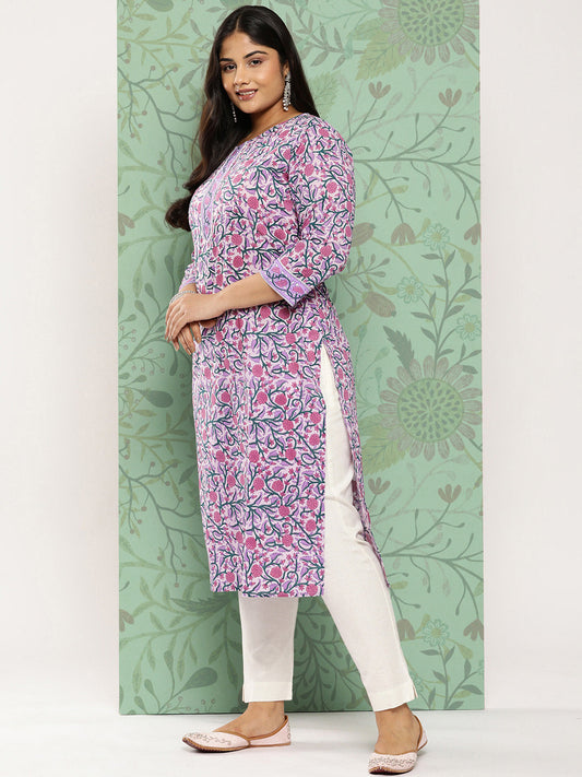 Women's Lavender & Green Cotton Floral Print Kurta