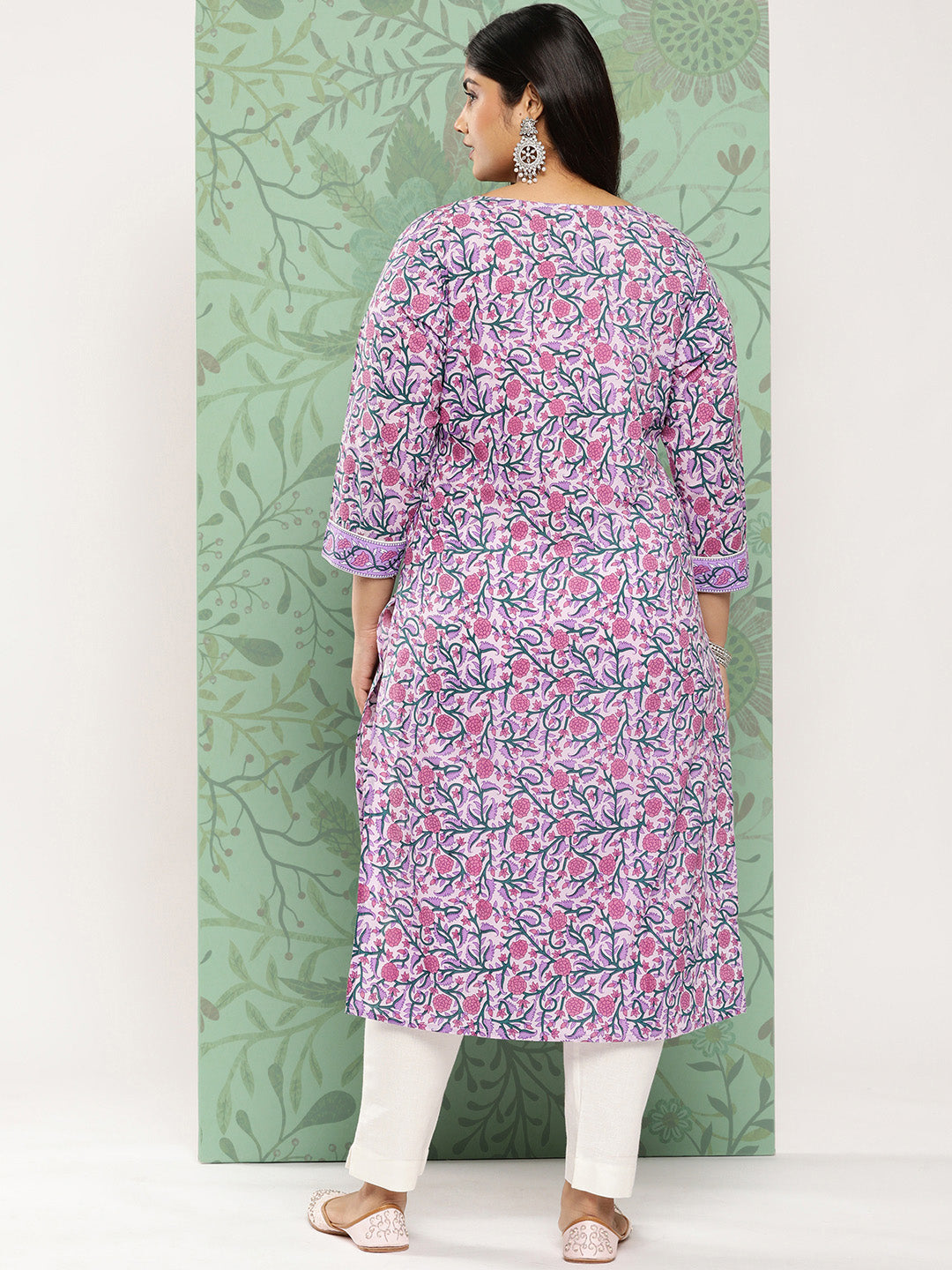 Women's Lavender & Green Cotton Floral Print Kurta