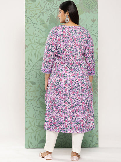 Women's Lavender & Green Cotton Floral Print Kurta