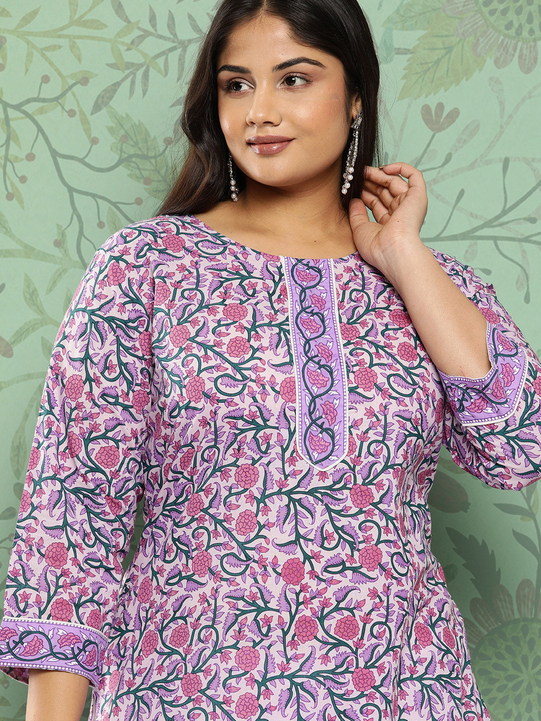 Women's Lavender & Green Cotton Floral Print Kurta
