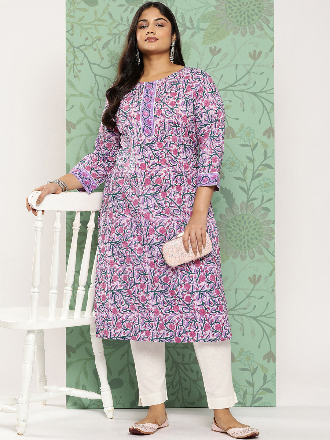 Women's Lavender & Green Cotton Floral Print Kurta