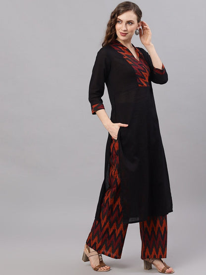 Women's  Black & Maroon Yoke Design Kurta with Palazzos