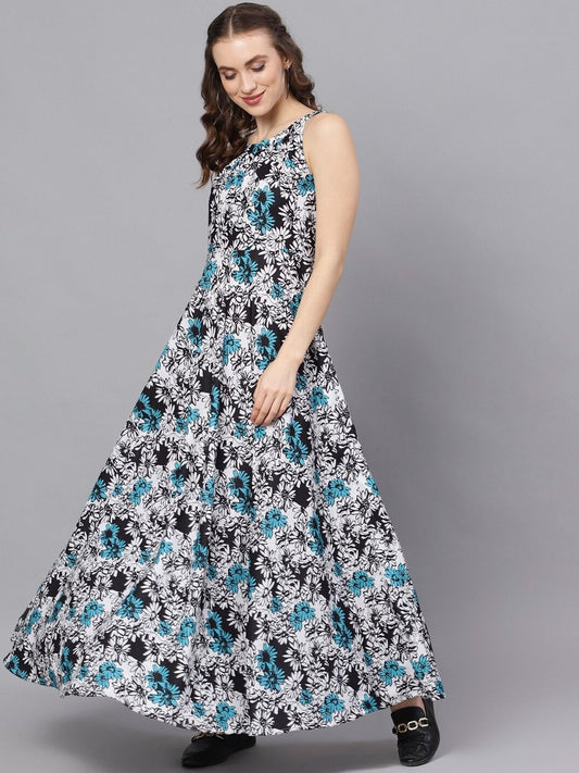 Women's  Blue Printed Maxi Dress