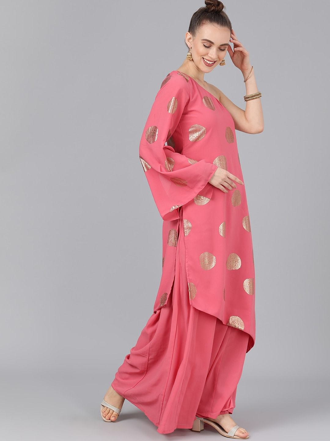 Women's  Pink & Gold-Coloured Foil Printed Kurta with Palazzos