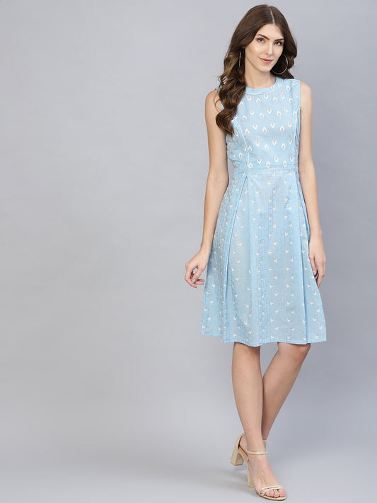Women's  Blue & White Khari Print A-Line Dress