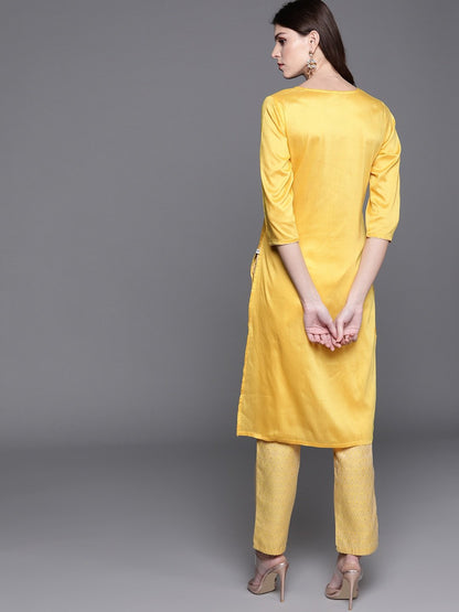 Women's  Mustard Yellow & Golden Solid Kurta with Trousers