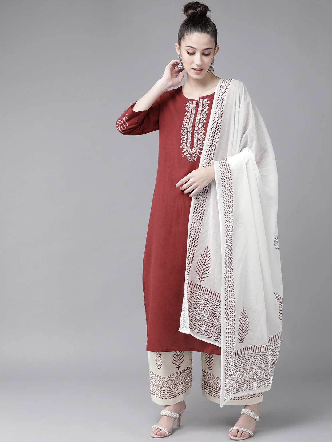 Women's Maroon & Offwhite Embroidered Kurta Set